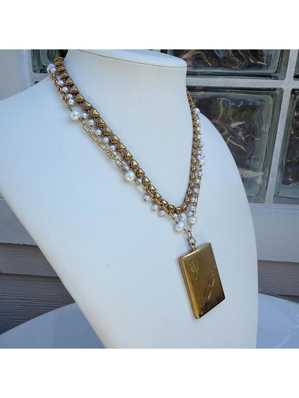 Antique Art Deco Four Photo Gold Fill Locket Necklace with Pearl Chains. - Picture 3 of 9